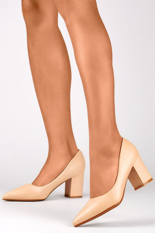 Beige block heel pumps made from eco-friendly leather, perfect for stylish and comfortable wear with any outfit.