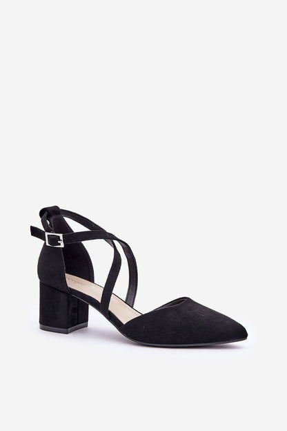 Elegant black high heel shoe with cross straps and block heel, perfect for style and comfort.