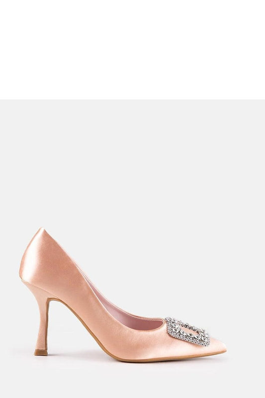 Elegant beige high-heeled shoe with rhinestone embellishment, featuring a sleek, pointed toe and silk finish.