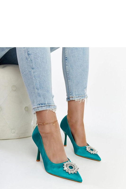 Teal satin high heels with rhinestone embellishments, perfect for summer fashion.