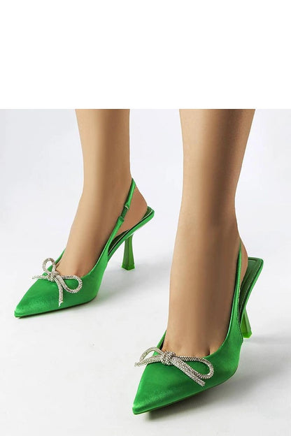 Chic green satin high heels with decorative bows, perfect for adding elegance to any summer outfit.