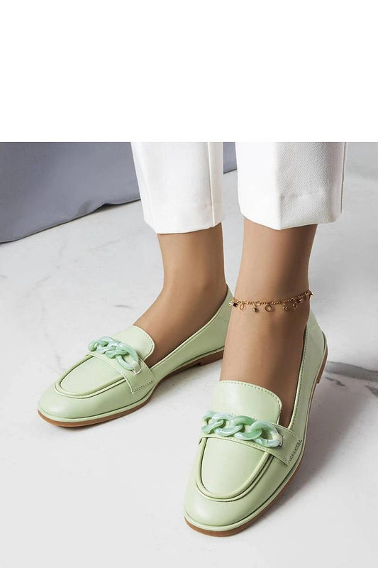 Green leather loafers with chain detail for women, showcasing elegance and comfort in high-quality faux leather by Bobbie.