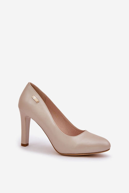 Elegant beige high heel shoe with almond toe and medium stable heel by Sergio Leone, perfect for formal occasions.