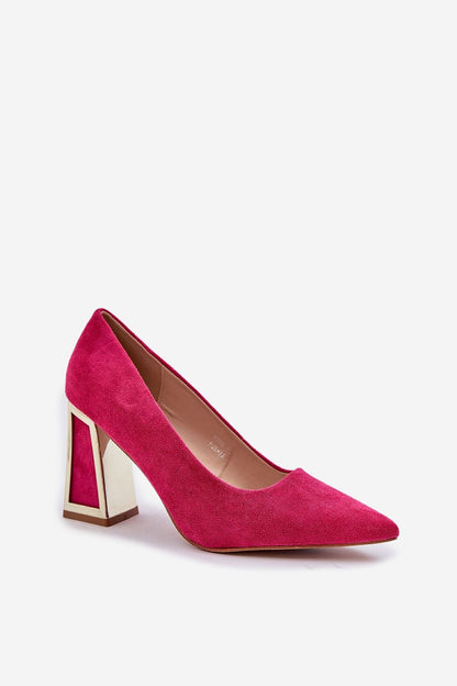 Elegant magenta high heel shoe with suede finish and reflective block heel, perfect for special occasions.