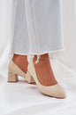 Chic beige high heels with gold heel detail and rounded toe, perfect for elegant yet comfortable style.