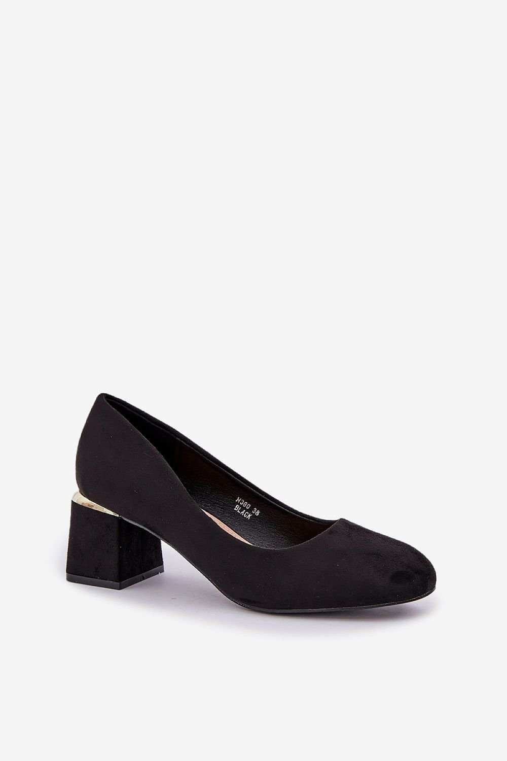 Elegant black high heel shoe with gold accent, featuring round toe and suede-like finish, perfect for formal or casual occasions.