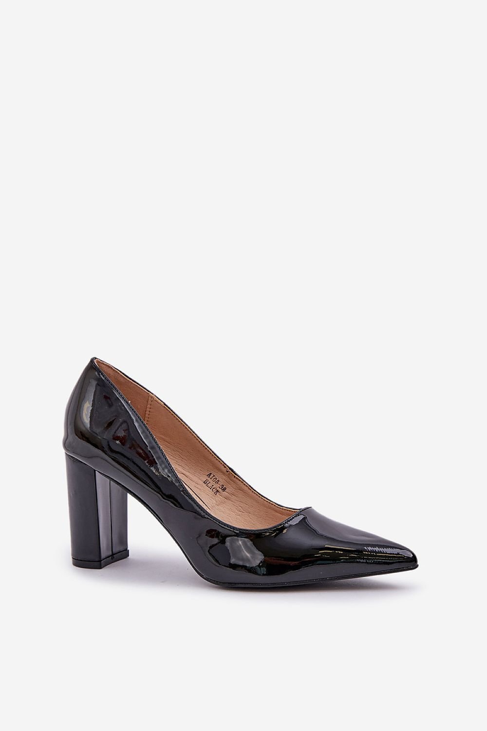 Elegant glossy black high heel pump in faux leather with pointed toe and sturdy heel for evening or formal wear.