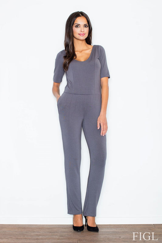 Stylish and feminine grey jumpsuit with elbow-length sleeves and scoop neckline, perfect for a chic wardrobe staple.