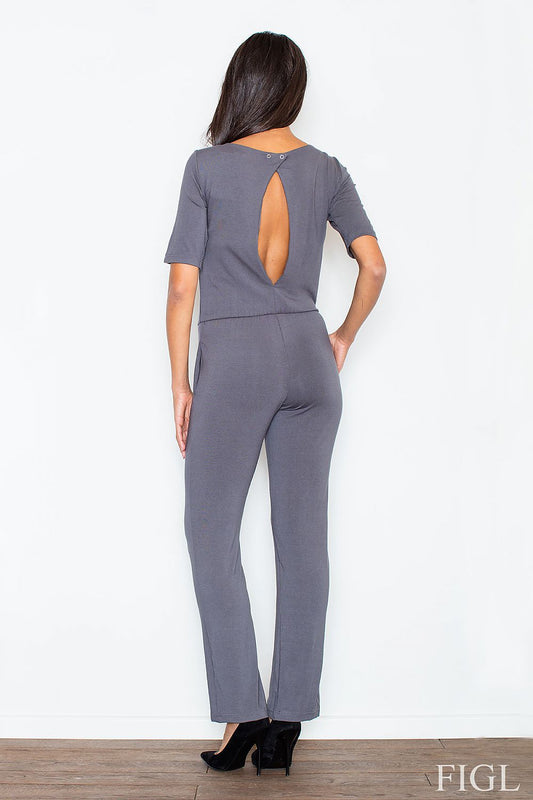 Elegant gray jumpsuit with back slit and elbow-length sleeves by FIGL, showcasing feminine and stylish design.