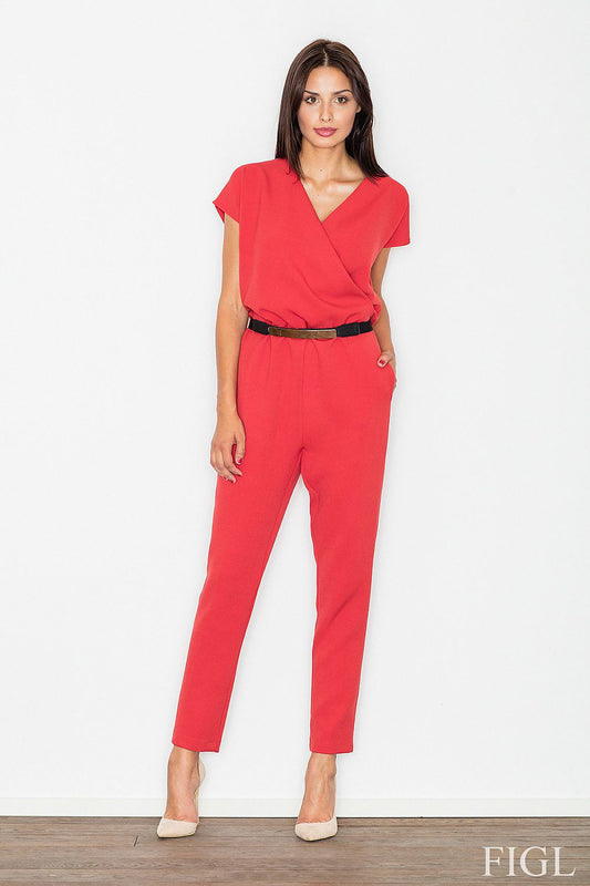 Woman wearing red Figl jumpsuit from 2015 autumn collection, featuring long legs and belted waist.