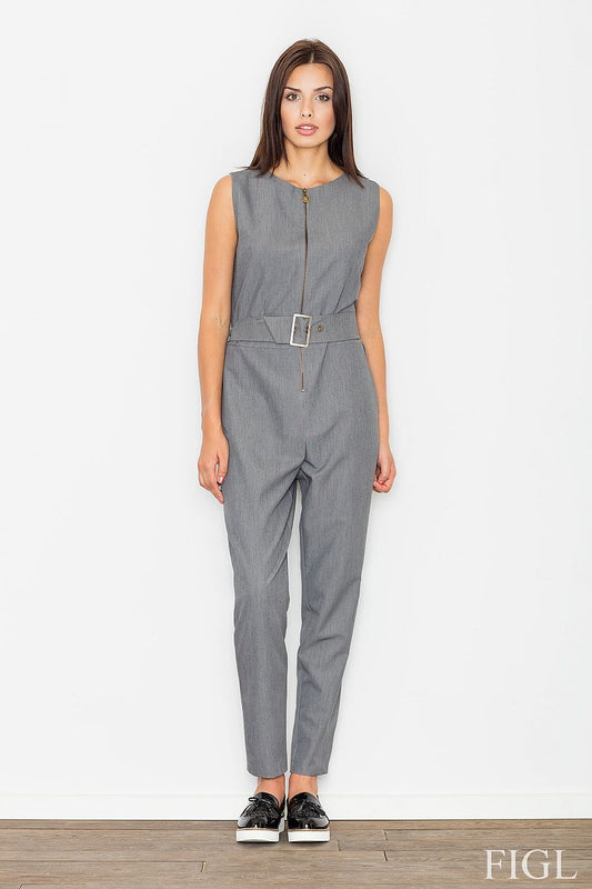 Woman wearing grey sleeveless jumpsuit with zipper, secure belt, made from polyester blend for FIGL collection.