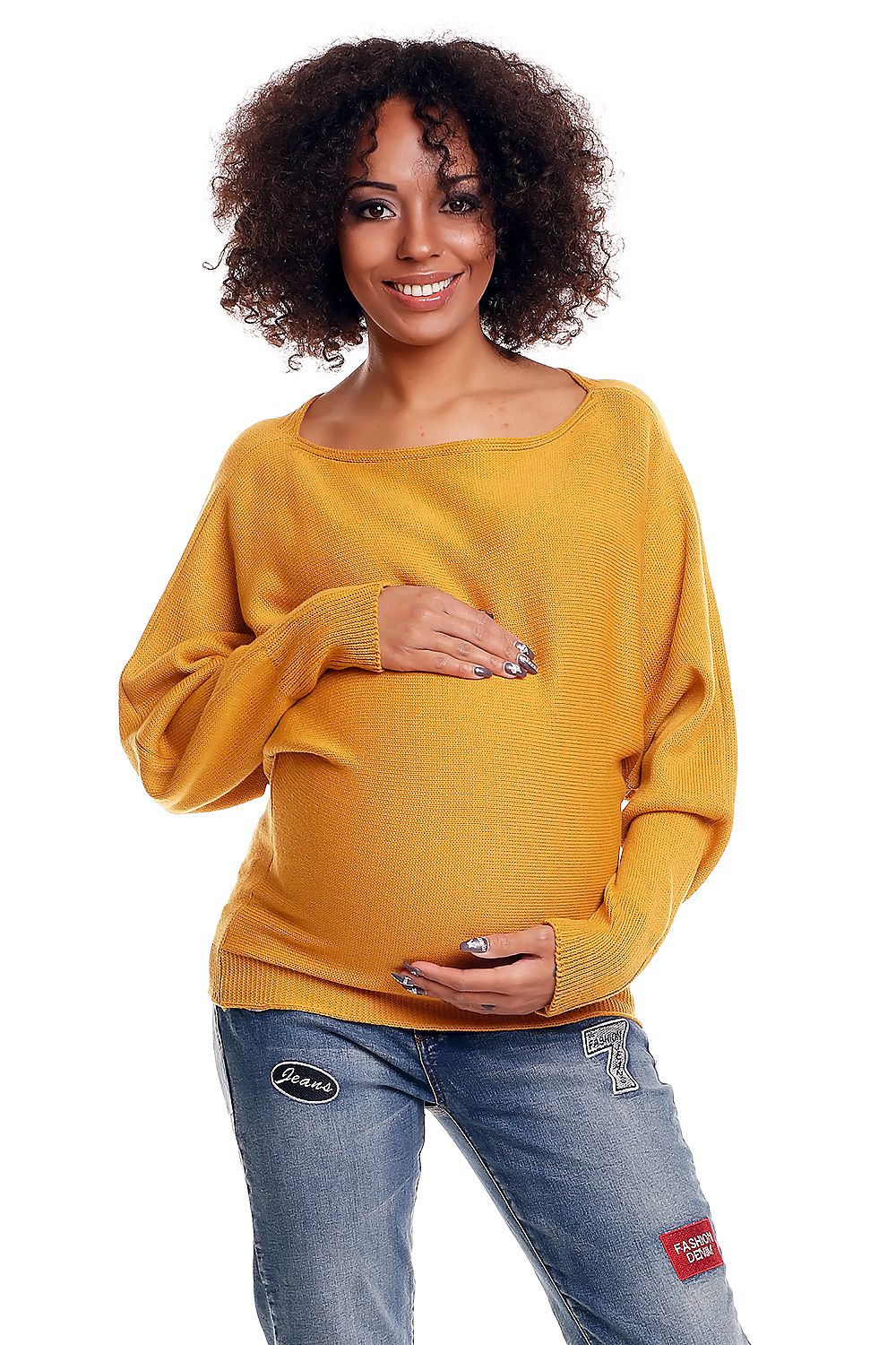 Anyasági pulóver model 84269 PeeKaBoo in mustard, with oversized fit and bateau neckline, perfect for maternity comfort and style.