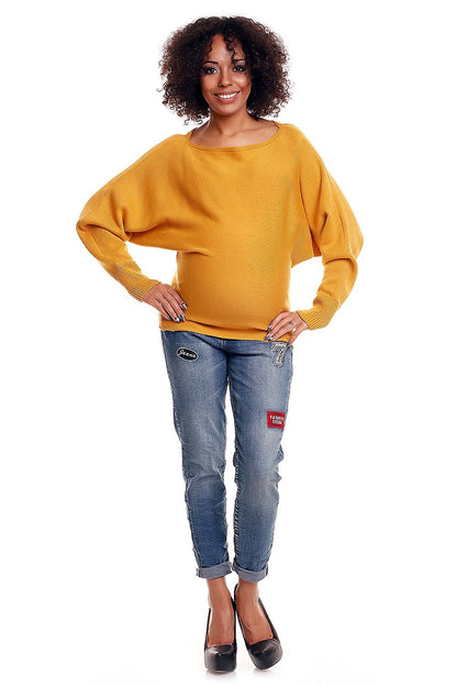 Stylish maternity sweater model 84269 PeeKaBoo, oversized with boat neck, kimono sleeves, in cozy mustard yellow.