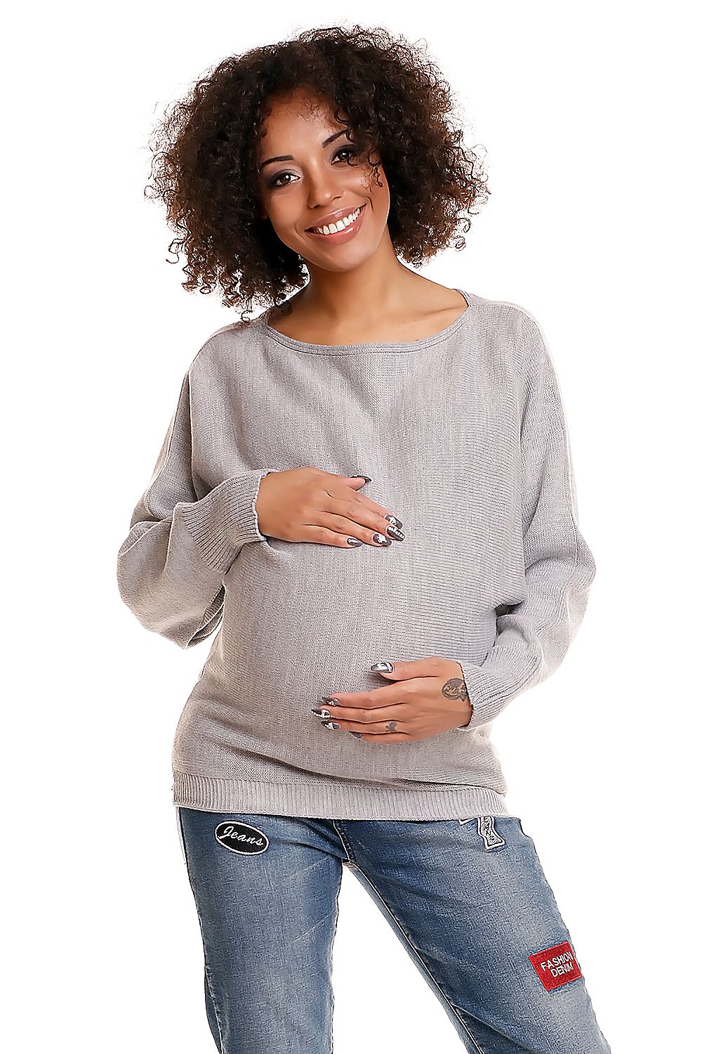 Model wearing a stylish grey maternity sweater with boat neckline and kimon-style sleeves, ideal for expecting mothers.