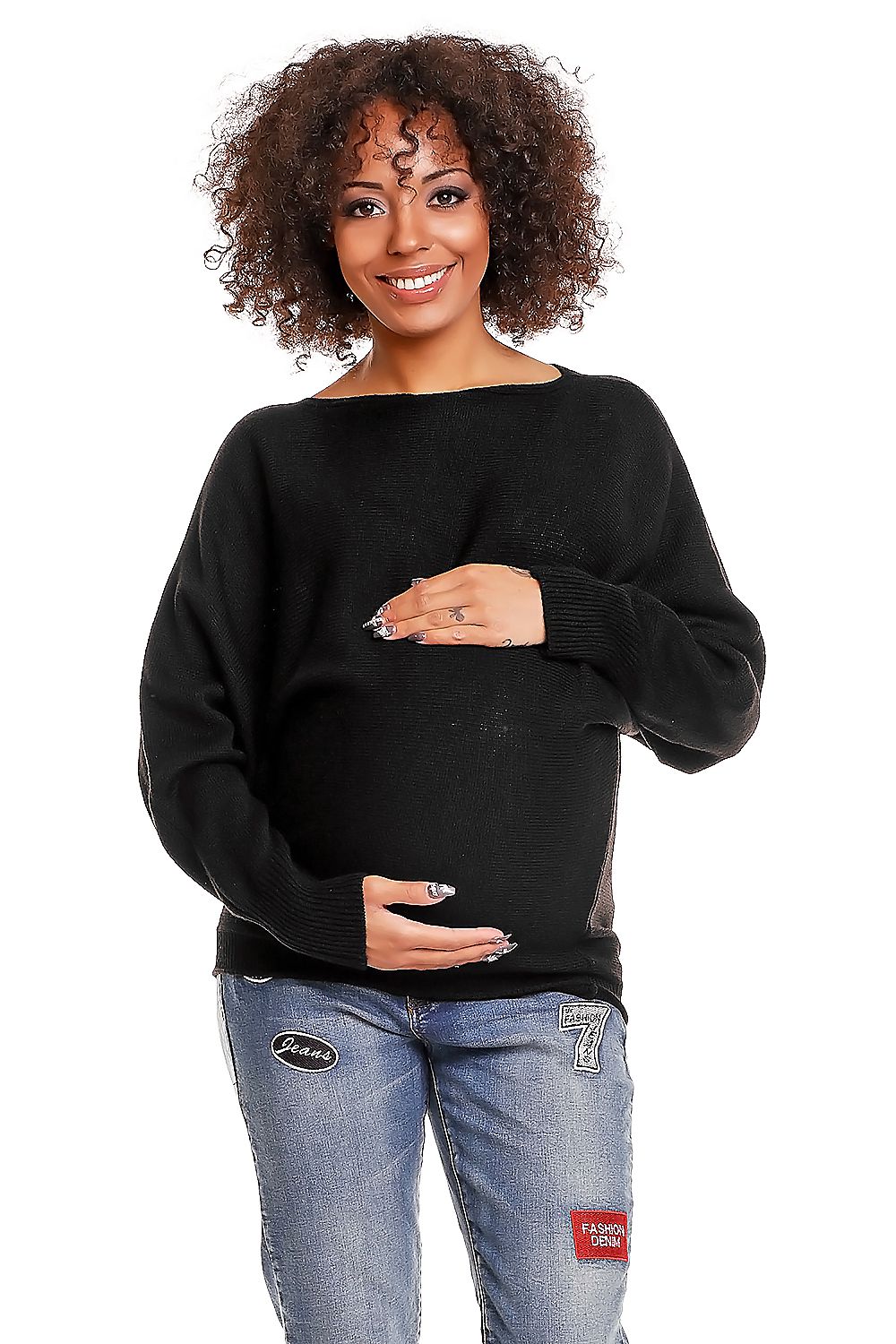 Woman wearing oversized maternity sweater model 84269 PeeKaBoo, in black. Stylish boat neckline and kimono cut design.