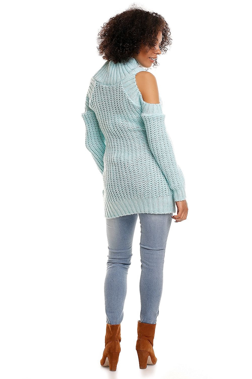 Woman wearing a blue maternity sweater with open shoulders and ribbed hem, showcasing a stylish back design.