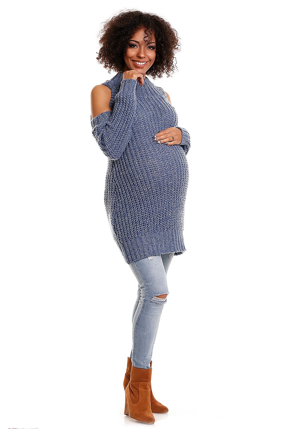 Pregnant woman wearing long blue maternity sweater with cut-out shoulders and cozy yarn by PeeKaBoo, model 84339.