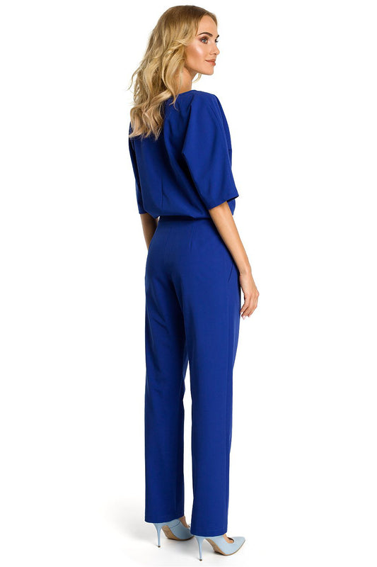 Elegant blue jumpsuit with loose top and straight legs, perfect for casual or formal occasions.