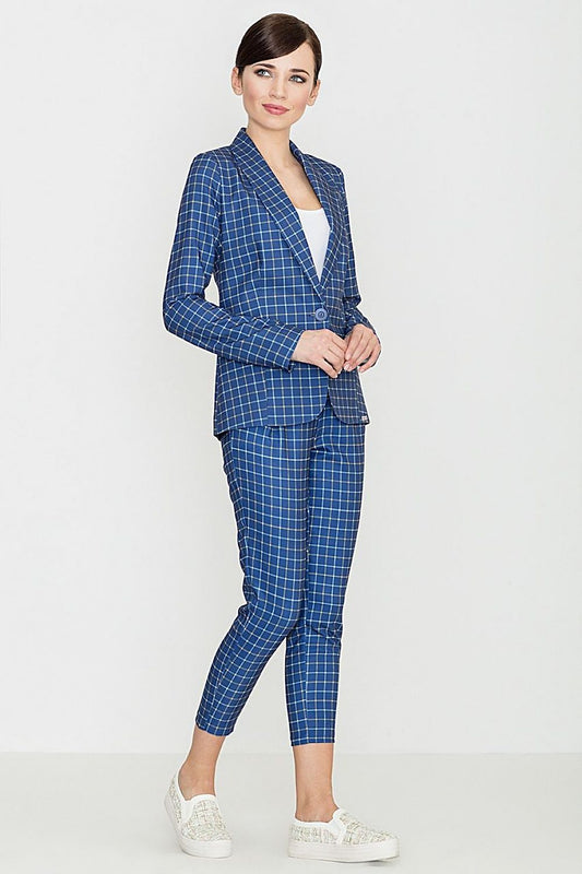 Woman wearing blue plaid pants suit, stylish and elegant, perfect for business meetings or daily wear.