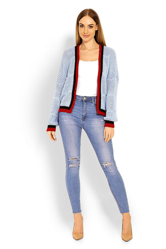 Stylish open-front cardigan with contrast trim, loose fit, 100% acrylic, model wearing jeans and heels, by PeeKaBoo, model 114489.