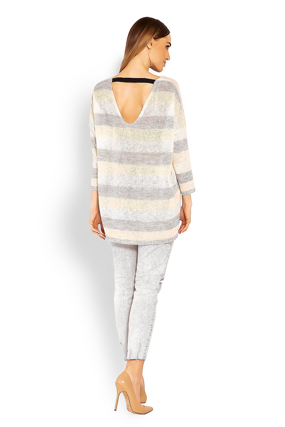 Tricolor striped oversize pullover with V-shaped back neckline and loose cut, model 114526 PeeKaBoo. Fashionable and cozy look.