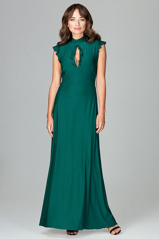 Elegant green maxi dress with ruffle details, fitted waist, and flowing skirt. Perfect for emphasizing femininity and elegance. Model 120754 Lenitif.