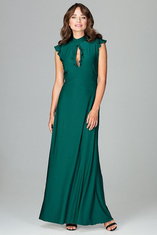 Elegant green maxi dress with ruffle details on shoulders and neckline, tailored waist, enhancing femininity and elegance.