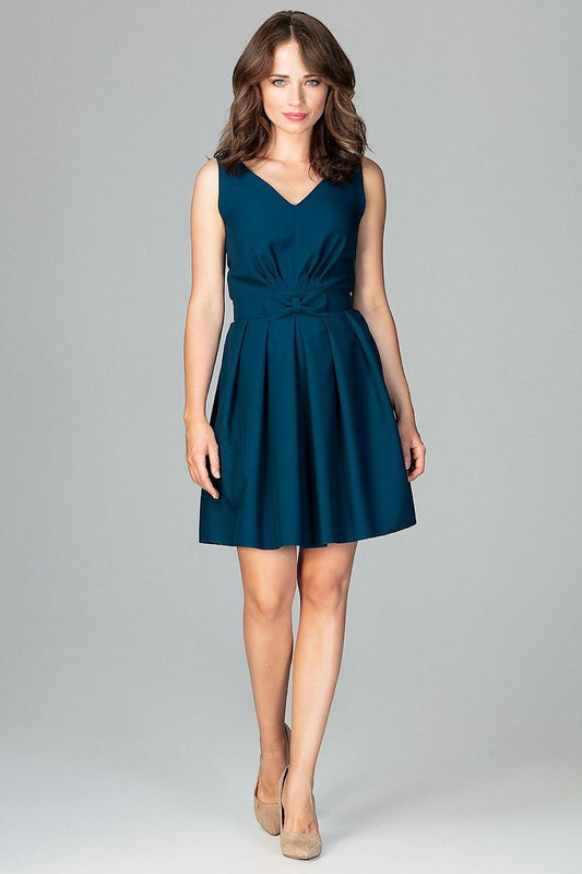 Elegant sleeveless cocktail dress with bow detail, flared hem, and zipper closure for a chic, feminine look in dark teal.