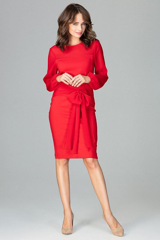 Woman wearing Alkalmi ruha 122501 Lenitif, red dress with long sheer sleeves and bow at waist, elegant and feminine style.