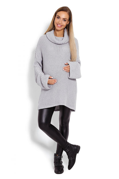 Pregnancy sweater model 122945 PeeKaBoo, featuring a thick knit turtleneck design with flared sleeves and an oversized fit, in grey acrylic.