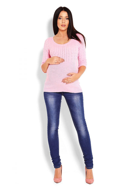 Pink maternity pullover model 123420 PeeKaBoo with cable design and 3/4 sleeves, perfect casual style for comfort and elegance.