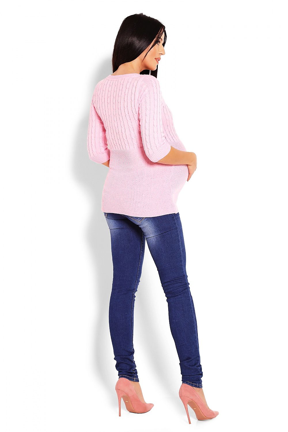 Pink maternity sweater model 123420 PeeKaBoo with braids on top, 3/4 sleeves, round neckline, elegant and stylish look.