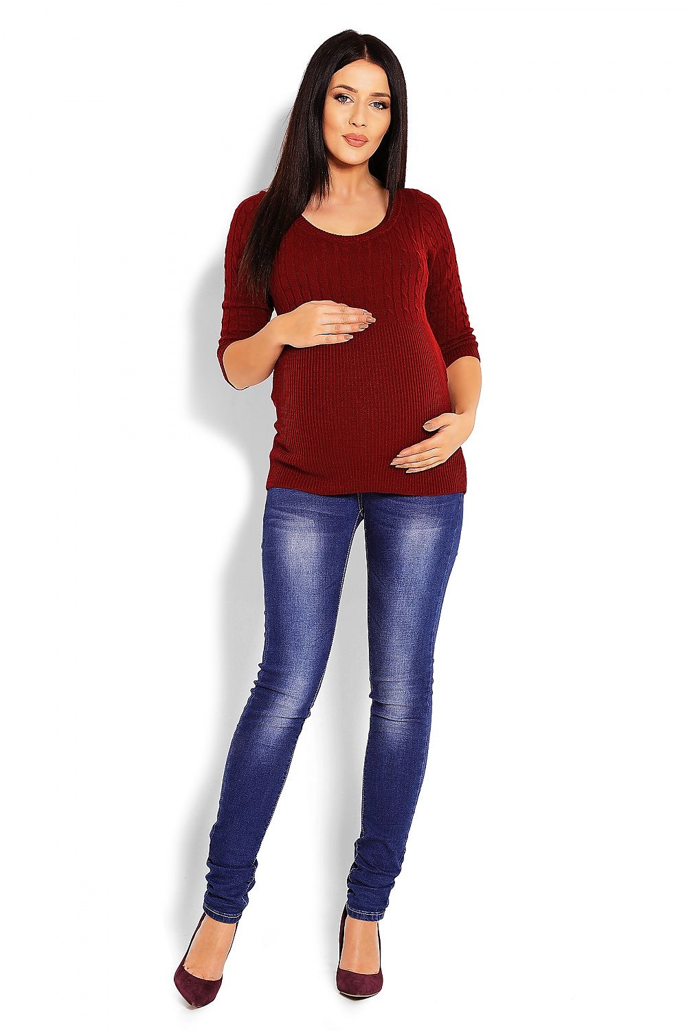 Maternity sweater model 123420 PeeKaBoo in fine knit, burgundy red, 3/4 sleeves, cable detail, round neck, stylish and comfy.