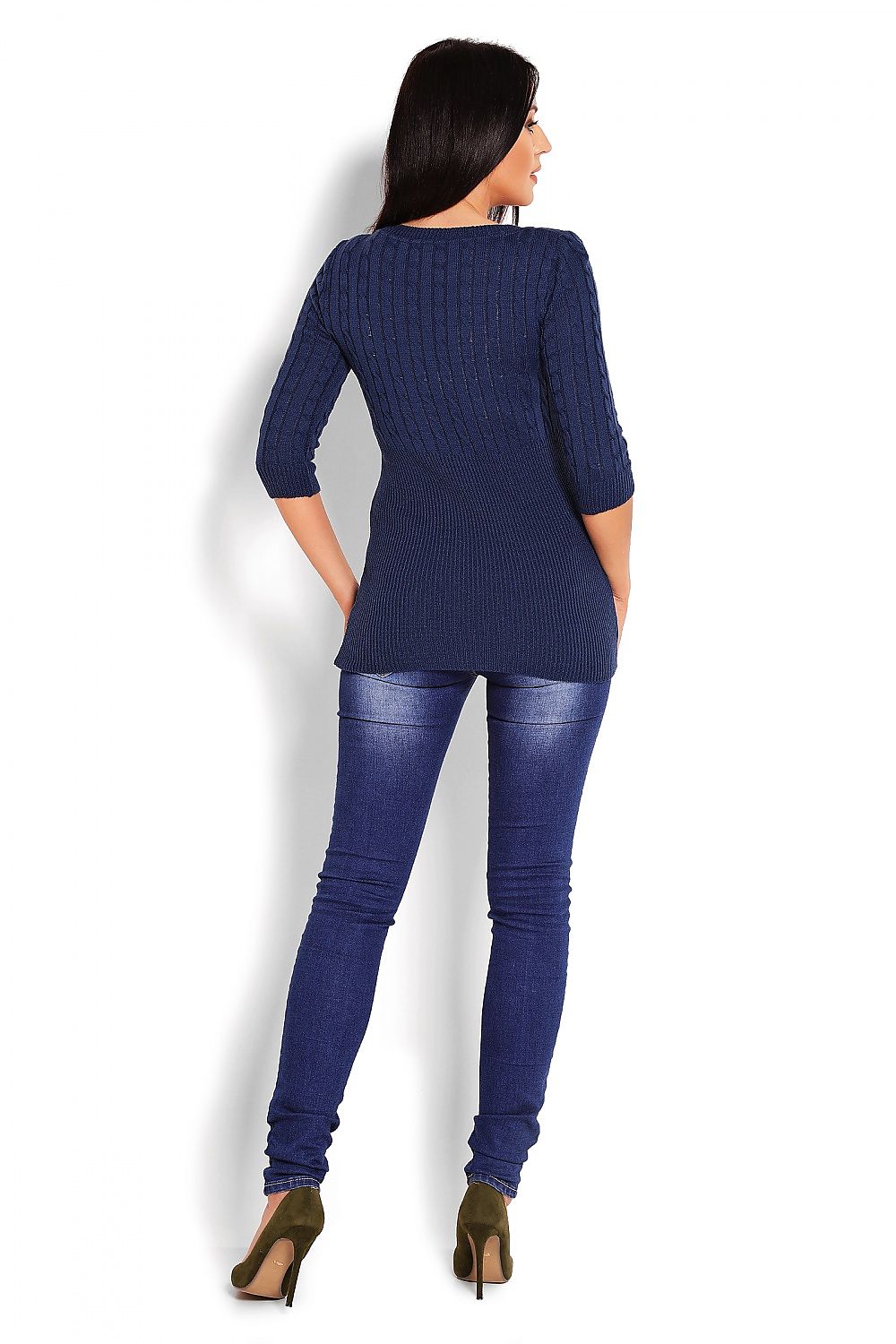 Model wearing Pulóver model 123425 PeeKaBoo in navy blue, fine knit with braids, 3/4 sleeves and round neck, shown from the back.