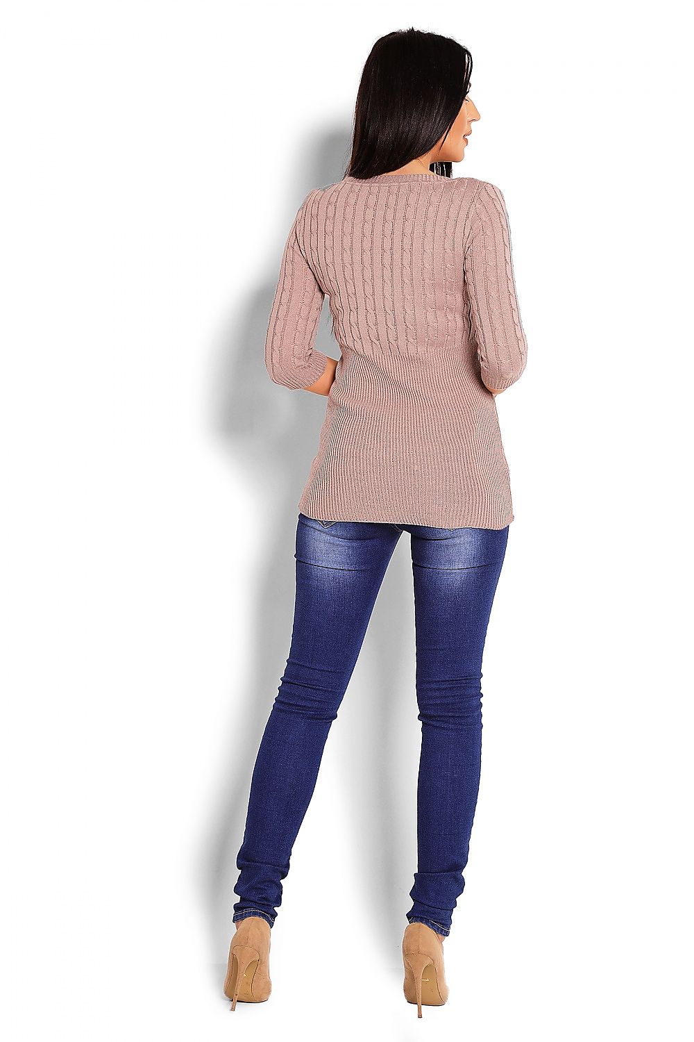 Woman wearing PeeKaBoo Pulóver 123425, 3/4 sleeve with cable knit detailing, universal size, acrylic material, back view.