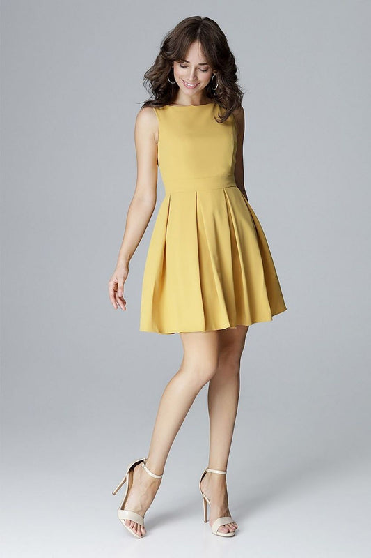 Elegant sleeveless yellow dress with a fitted top, flattering waist cut, and pleated skirt. Perfect for special occasions.