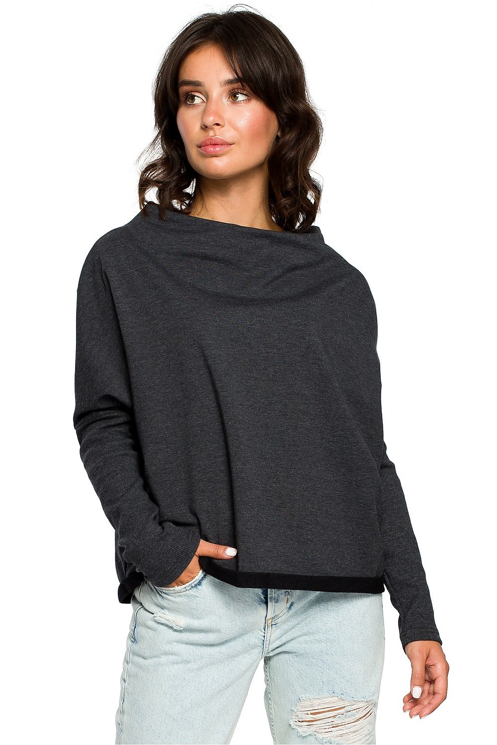 Woman wearing Szabadidőfelső model 124060 BeWear, loose fit sweater with draped neckline, ribbed sleeves, and stylish back detail.