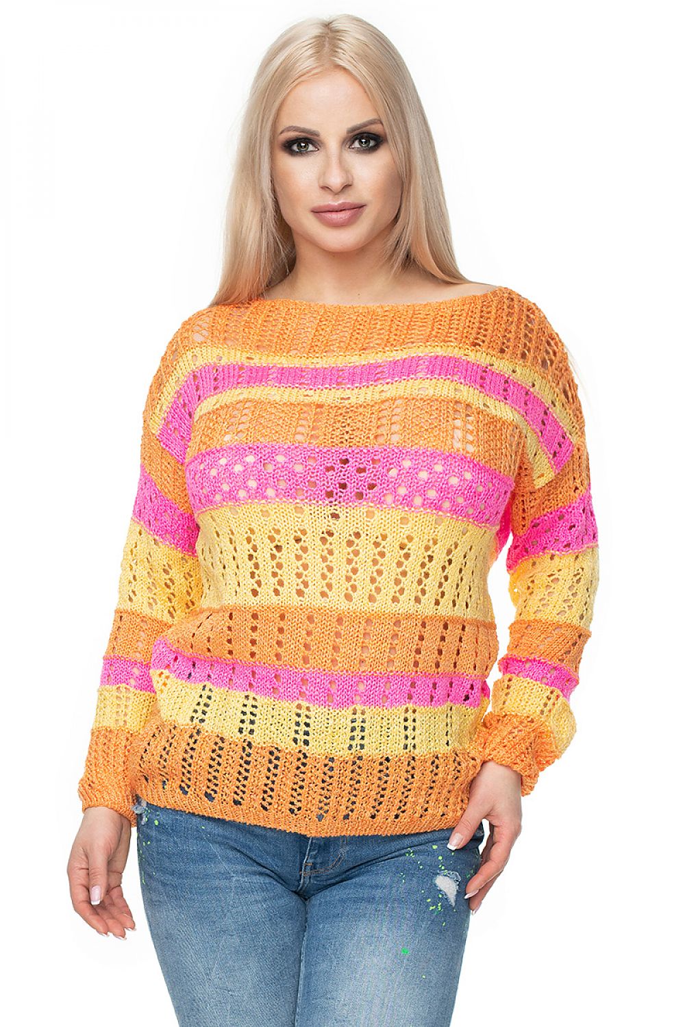 Colorful striped pullover with intricate knit pattern, model 131612 by PeeKaBoo. Made from soft acrylic, polyamide, and viscose blend.