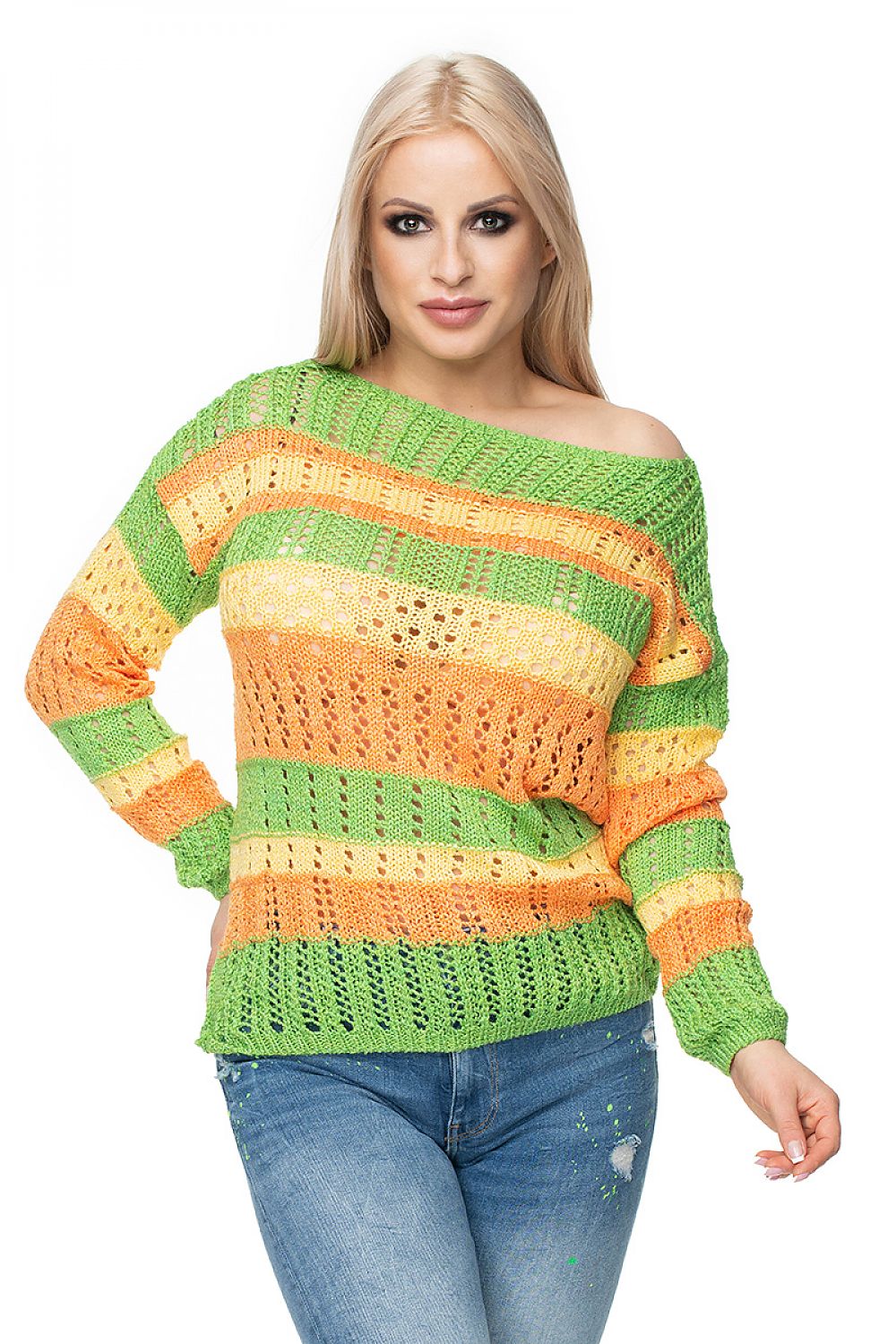 Model wearing PeeKaBoo Pulóver model 131612, colorful striped short sweater, soft knit, off-shoulder style, in green and orange hues.