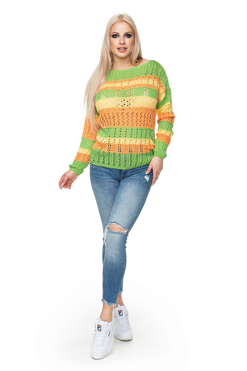 Colorful striped short pullover with open weave design, made of soft yarn. Model wearing green and orange PeeKaBoo pullover 131612.