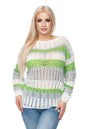 Colourful striped crocheted sweater in white, green, and grey pattern, worn by a model. Accentuates a trendy, soft material look.