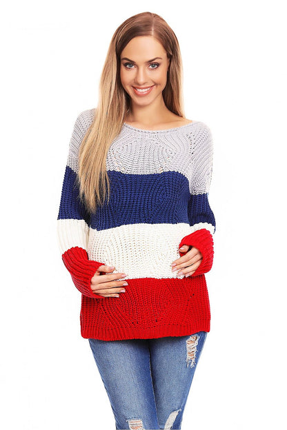 Long sleeve maternity sweater with colorful stripes in red, blue, and white, featuring a transparent knit pattern, made from 100% acrylic.