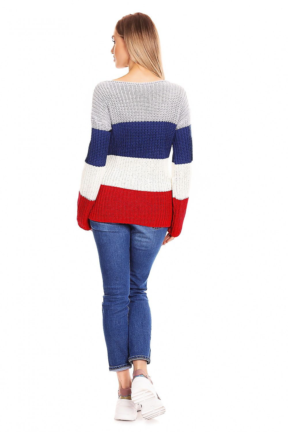 Colorful striped maternity sweater with long sleeves. Features thick knit and translucent front design, worn by a model viewed from the back.