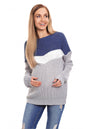 Woman wearing a maternity sweater with boat neckline, long sleeves, and blue-white-gray color pattern, smiling comfortably.