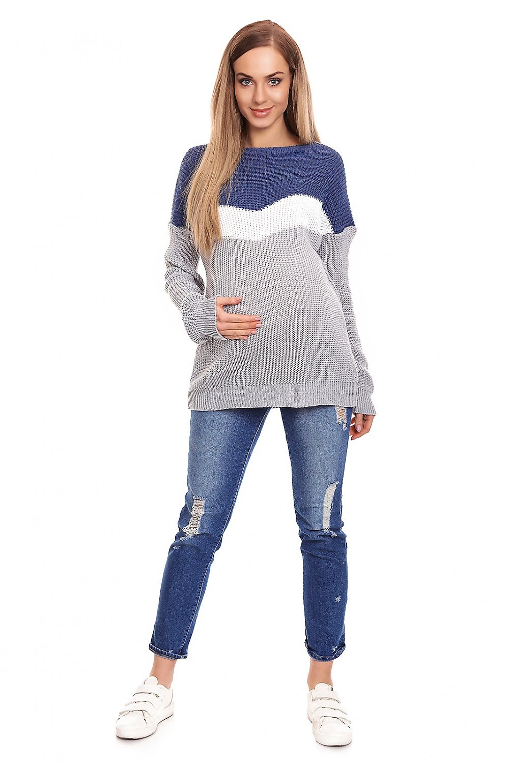 Maternity pullover model 132024 PeeKaBoo, long sleeve, boat neckline, 100% acrylic, universal fit, gray and blue design.