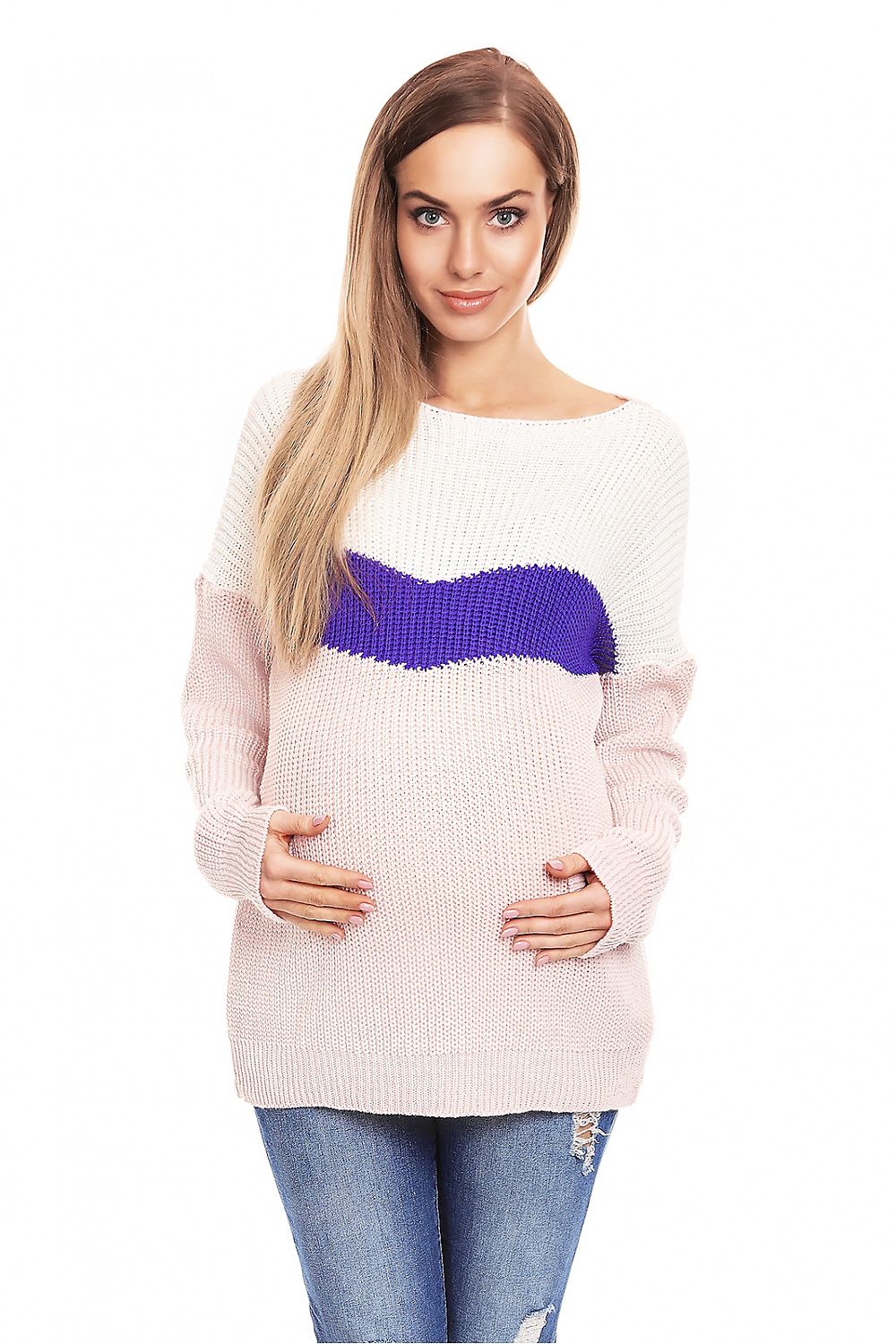 Model wearing long sleeve maternity sweater with boat neckline, pastel pink and white with purple wave detail, 100% acrylic, Size Universal.