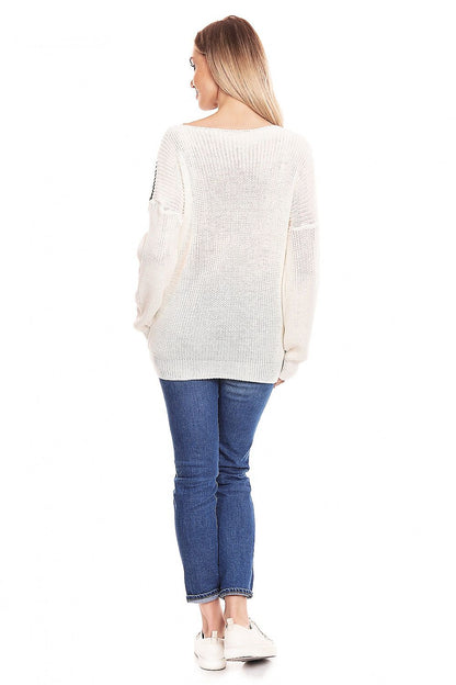 Woman wearing white maternity pullover with boat neck and jeans, viewed from behind. 100% acrylic, cozy fit.