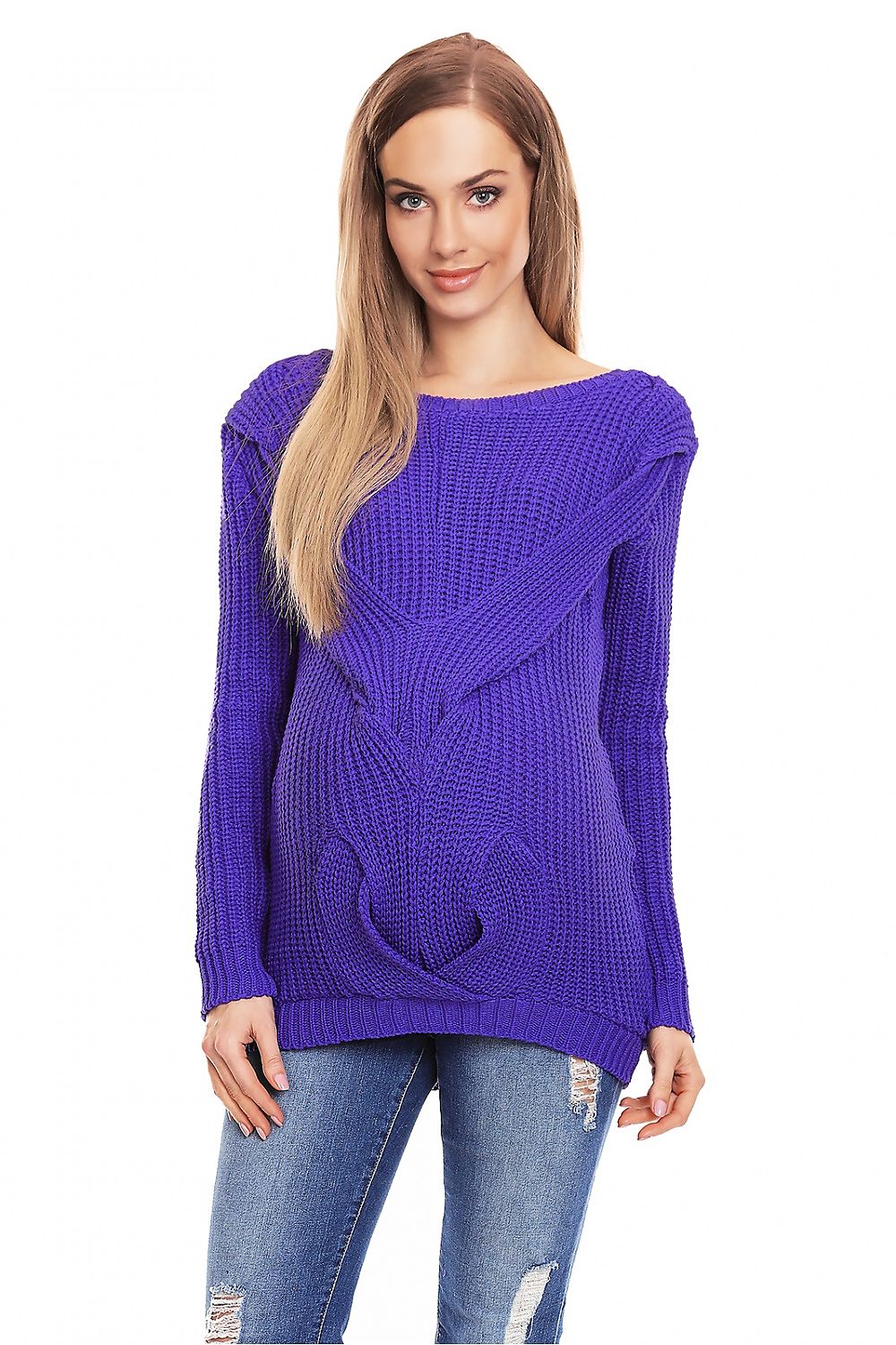 Woman wearing purple maternity sweater PeeKaBoo 132031 with braided front design, boat neckline, and long sleeves, casual style.