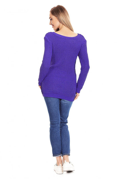 Woman wearing a purple PeeKaBoo maternity sweater, model 132031, with a decorative braid pattern and boat neckline, shown from the back.