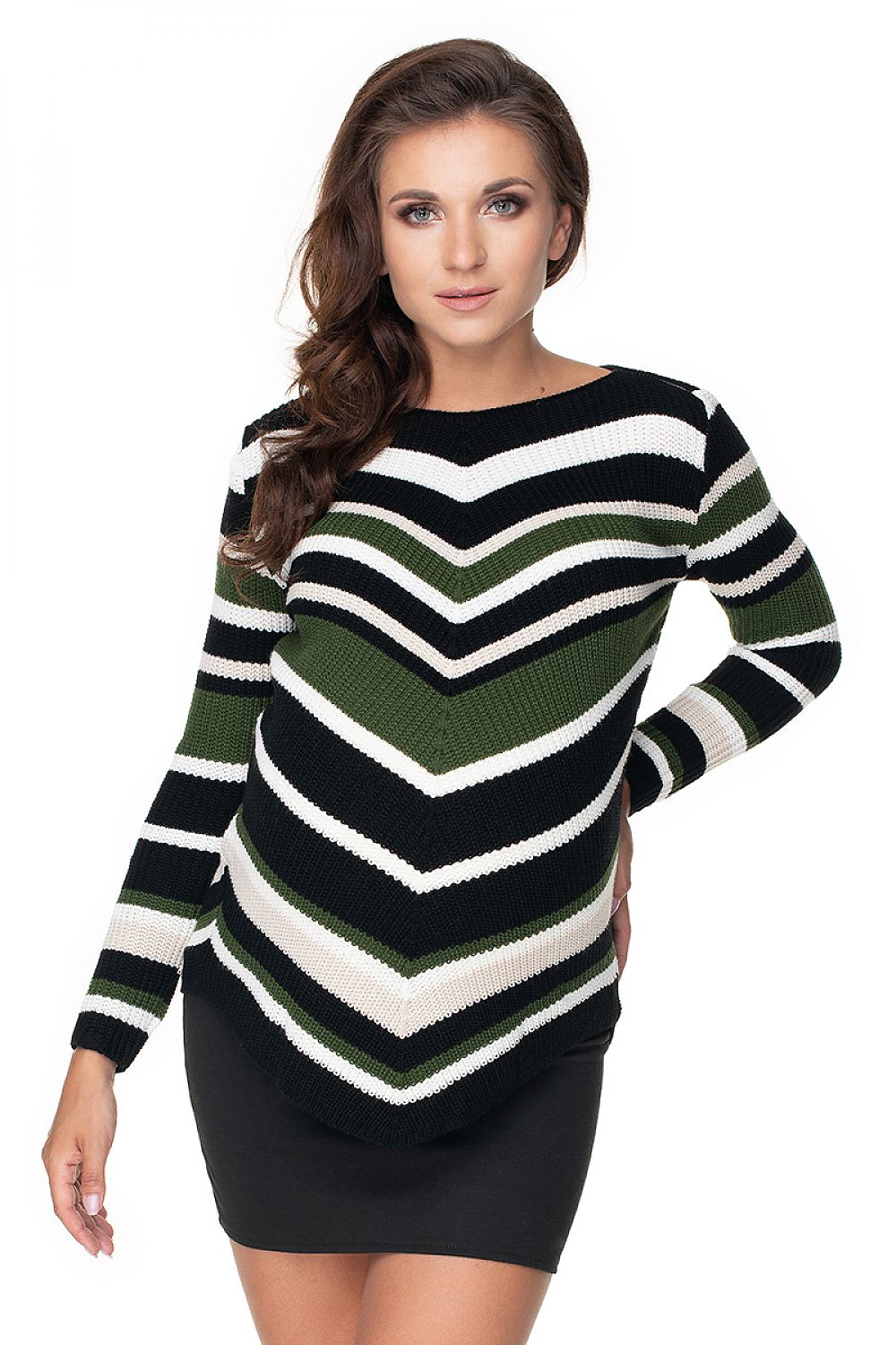 Stylish maternity pullover model 135979 PeeKaBoo with long sleeves and boat neckline, featuring a chic black and green stripe pattern.